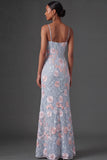 Light Blue Floral Embroidery Spaghetti Straps Long Wedding Guest Dress with Slit