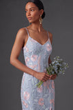 Light Blue Floral Embroidery Spaghetti Straps Long Wedding Guest Dress with Slit