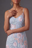 Light Blue Floral Embroidery Spaghetti Straps Long Wedding Guest Dress with Slit