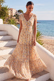 Yellow Floral V-Neck A Line Long Wedding Guest Dress with Sleeves