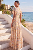 Yellow Floral V-Neck A Line Long Wedding Guest Dress with Sleeves