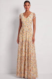 Yellow Floral V-Neck A Line Long Wedding Guest Dress with Sleeves
