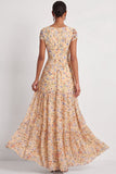Yellow Floral V-Neck A Line Long Wedding Guest Dress with Sleeves