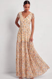 Yellow Floral V-Neck A Line Long Wedding Guest Dress with Sleeves