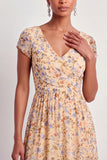 Yellow Floral V-Neck A Line Long Wedding Guest Dress with Sleeves