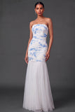 Light Blue Floral Ruched Sheath Strapless Long Wedding Guest Dress