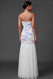 Light Blue Floral Ruched Sheath Strapless Long Wedding Guest Dress