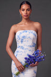 Light Blue Floral Ruched Sheath Strapless Long Wedding Guest Dress