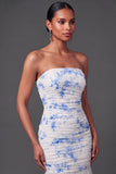 Light Blue Floral Ruched Sheath Strapless Long Wedding Guest Dress