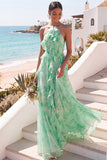 Green Floral A Line Halter Neck Ruffled Long Wedding Guest Dress
