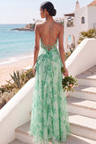 Green Floral A Line Halter Neck Ruffled Long Wedding Guest Dress