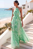 Green Floral A Line Halter Neck Ruffled Long Wedding Guest Dress