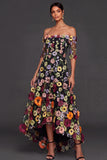 Black Floral A Line Embroidered High Low Wedding Guest Dress