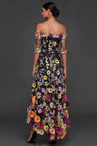 Black Floral A Line Embroidered High Low Wedding Guest Dress