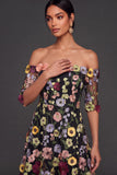 Black Floral A Line Embroidered High Low Wedding Guest Dress