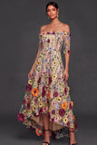 Black Floral A Line Embroidered High Low Wedding Guest Dress
