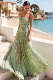 Green Floral A Line Pleated Long Wedding Guest Dress with Slit