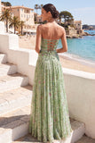 Green Floral A Line Pleated Long Wedding Guest Dress with Slit
