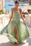 Green Floral A Line Pleated Long Wedding Guest Dress with Slit