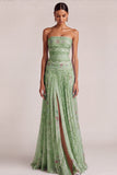 Green Floral A Line Pleated Long Wedding Guest Dress with Slit