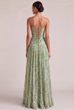 Green Floral A Line Pleated Long Wedding Guest Dress with Slit