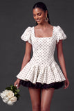 White and Black A Line Ruffled Short Wedding Reception Dress
