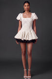 White and Black A Line Ruffled Short Wedding Reception Dress