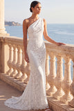 White Lace Floral One Shoulder Sweep Train Wedding Dress