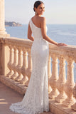White Lace Floral One Shoulder Sweep Train Wedding Dress
