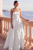 A Line White Strapless Beaded Ruffled Long Wedding Reception Dress