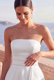 A Line White Strapless Beaded Ruffled Long Wedding Reception Dress