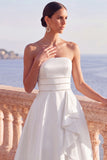 A Line White Strapless Beaded Ruffled Long Wedding Reception Dress