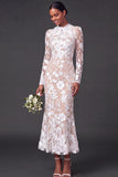 White Embroidered Mermaid Floral Long Wedding Reception Dress
