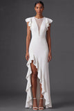 White A Line Ruffled Round Neck Long Wedding Reception Dress with Slit