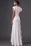 White A Line Ruffled Round Neck Long Wedding Reception Dress with Slit
