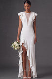 White A Line Ruffled Round Neck Long Wedding Reception Dress with Slit