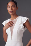 White A Line Ruffled Round Neck Long Wedding Reception Dress with Slit