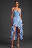 Light Blue Sweetheart Tiered Ruffled High Low Homecoming Dress