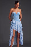 Light Blue Sweetheart Tiered Ruffled High Low Homecoming Dress