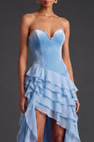 Light Blue Sweetheart Tiered Ruffled High Low Homecoming Dress