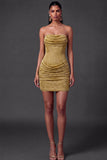 Golden Strapless Ruched Bodycon Short Cocktail Dress