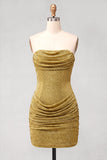Golden Strapless Ruched Bodycon Short Cocktail Dress