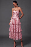A Line Pink Sparkly Sequined Tiered Long Formal Dress
