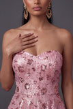 A Line Pink Sparkly Sequined Tiered Long Formal Dress