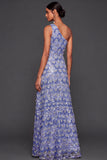 Sparkly Sequined Blue A Line One Shoulder Floral Long Formal Dress
