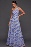 Sparkly Sequined Blue A Line One Shoulder Floral Long Formal Dress