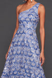 Sparkly Sequined Blue A Line One Shoulder Floral Long Formal Dress