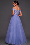 A Line Floral Off the Shoulder Blue Long Formal Dress