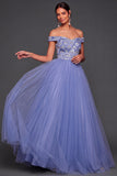 A Line Floral Off the Shoulder Blue Long Formal Dress