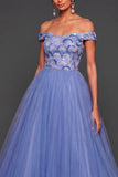 A Line Floral Off the Shoulder Blue Long Formal Dress
